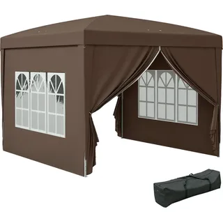 Outsunny Pavillon ca.3x3m, wasserabweisend Stabil Winterfest Pop-up Faltpavillon, UV Schutz 50+, Faltbar Partyzelt Gartenzelt mit 4 Seitenteilen Tasche Gartenpavillon für Camping Garten, Kaffee - Braun