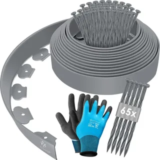 KESSER® Flexible Rasenkante aus Kunststoff Länge 10m Höhe 5cm, mit 50 Erdanker + Handschuhe, Beeteinfassung Beetumrandung Beetbegrenzung Mähkante Pflastersteine Palisade - Grau