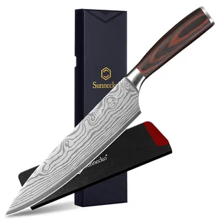 Sunnecko 20cm Messer Küchenmesser Kochmesser - Küchenmesser Profi Messer Scharfes Chefmesser Edelstahl Fleischmesser mit Pakkaholz Griff Allzweckmesser Scharf Klinge mit Geschenkbox für Weihnachten