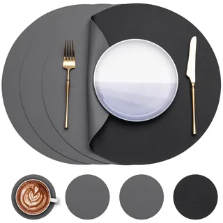 Myir JUN Tischsets abwaschbar und Untersetzer Tischsets Rund Ø 38cm | 4er Set Rund Platzsets wasserdichte Platzdeckchen abwaschbar doppelseitige rutschfeste Kunstleder Tischsets in Lederoptik