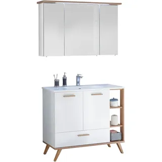 Saphir Badmöbel-Set "Quickset Mineralmarmor-Waschtisch mit LED-Spiegelschrank" 2 Stk. tlg., front weiß glanz, front weiß glanz, riviera eiche quer nb