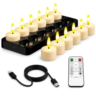 HL LED Teelichter Wiederaufladbar mit Fernbedienung & Ladestation 12er | USB LED Teelichter, aufladbar, flackernd & dimmbar, mit Timer, elektrische Kerzen für Kürbis, Halloween & Weihnachts deko
