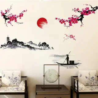 COVPAW® Wandtattoo Wandaufkleber XXL Malerei im Chinesischen Stil Wandsticker Wandbild Bilder Wohnzimmer Schlafzimmer Deco