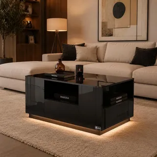 Makika LED Couchtisch / Design Wohnzimmertisch mit Ablagefach und Schubladen - Schwarz Hochglanz - Schwarz
