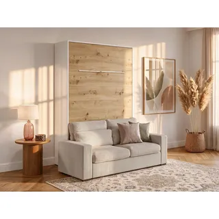 Schrankbett + Sofa + Matratze - 160 x 200 cm - Manuelle vertikale Öffnung - Mit LED-Beleuchtung - Weiß & Holzfarben - RAPILI