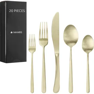 Navaris Edelstahl Besteck Set 4 Personen - 20-teiliges Besteckset in Satin Gold Finish - Besteck Edelstahl 18/0 - Löffel Messer und Gabel Set - Cutlery Set - Matt