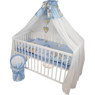 HAPPY 12 Teiliges Babybett Kinderbett und Bettwäsche komplett Set höhenverstellbar aus Massivholz für Neugeborene Babys und Kleinkinder (Blau-Teddybär auf Leiter) - Blau