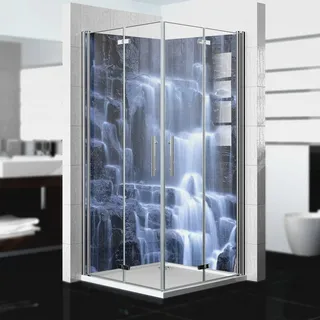 Eck-Duschrückwand wasserfest Motiv: Wasserfall V17 UV-Lack glänzend, 2 x 90x200 cm, Badrückwand, Fliesenersatz fugenlos Wandverkleidung Duschplatte Duschrückwände aus Aluminium, Germany