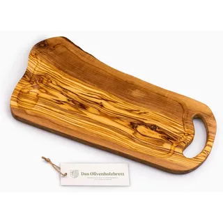 DAS OLIVENHOLZBRETT® Olivenholz Schneidebrett, Servierbrett mit Henkel und Saftrille, Naturform - mit und ohne Rinde am Rand (50cm)
