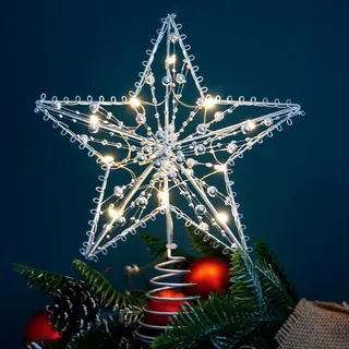 Weihnachtsbaumspitze Stern,Silberne Perle Gerade Linie Glitter Christbaumspitze,Weihnachtsbaum Sterne,Silberne Perle Gerade Linie Christmas Tree Topper für Weihnachtsbaumschmuck(Silber)