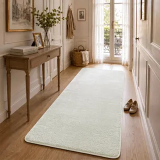 VOUNOT® Teppich Wohnzimmer 80x200 cm, mit rutschfeste Rückseite & Antirutschmatte, Kuscheliger Kurzflor Flauschig Teppiche Gegend für Schlafzimmer Kinderzimmer Esszimmer, Creme