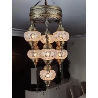7-globige transparente Mosaik-Türkische Hängelampe - Handgemachte orientalische Kronleuchter für stimmungsvolles Licht - Weiß, Transparent