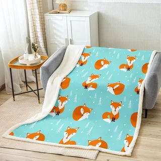 Loussiesd Kinder Kuscheldecke Karikatur Fuchs Drucken Decke 150x200cm Flanell Fleecedecke Tier Thema Wohndecke Ultraweiche Bequeme Mikrofaser Waldfuchs Muster für Frauen Männer Schlafzimmer