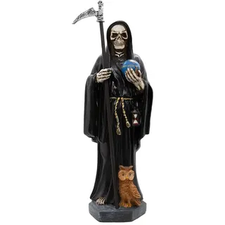 Nuestra Señora de la Santa Muerte | Unsere Frau eines Heiligen Todes | Skelett-Statue in schwarz ummantelt und hält einen Globus und eine Sense mit Einer braunen Eule zu ihren Füßen, Heimdekoration