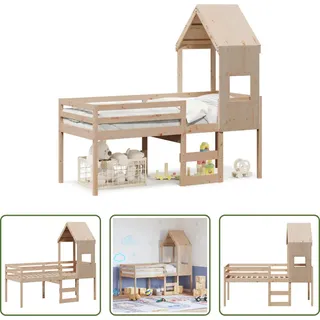 The Living Store Hochbett mit Dach 90x190 cm Massivholz Kiefer - Braun