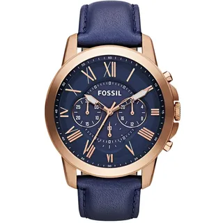 Fossil Grant uhr für Herren, Quarz-Chronographenwerk, mit Edelstahl- oder Lederarmband, Blau und Roségoldton, 44MM