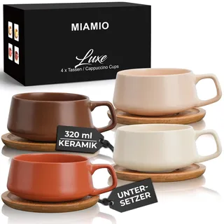 MIAMIO - 4 x 320 ml Kaffeetassen/Cappuccino Tassen mit Unterteller/elegant/modern/Kaffeebecher aus Steingut - Luxe Kollektion 4er Set (Beige Pastell)