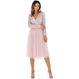 Maya Deluxe Damen Maya Deluxe Midi Elegant Wedding Sleeves Deep V Neck Sequins Cocktail Prom Bridesmaid Dress, Frosted Pink, 40 EU
