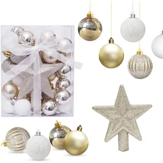 30 Stück Mini Weihnachtskugeln Set,3CM Klein Christbaumkugeln mit Aufhänger Weihnachtsdeko,Weihnachtskugeln Kunststoff Set mit Weihnachtssterne Baumspitze für Weihnachtsbaum Deko(Gold & Weiß)