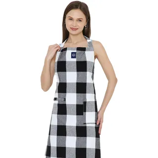 Encasa XO Kochschürze aus Baumwolle für Damen und Herren, Küchenschürze mit verstellbarem Nackenband, Tasche und Handtuchhalter, Kochen, Backen, Grillen, Buffalo Black Checks, 68x85 cm