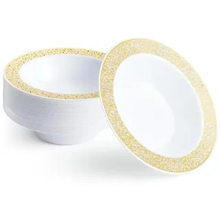 MATANA 20 Weiße Plastikschalen mit Goldrand, Suppenteller, Suppenschalen (360ml) - Suppenschüssel für Hochzeiten, Geburtstage, Taufen, Weihnachten, Partys - Mehrweg & Stabil