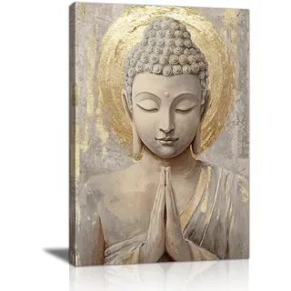 Gold Buddha Statue Leinwand Bilder Mit Rahmen Buddhistische Spirituelle Meditations Wandbilder Beige Religiöse Buddha Bild Auf Leinwand Poster Wanddekoration für Yoga Spa Schlafzimmer Raum 40X60cm