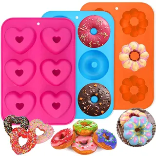 PHOGARY 3 Stück Silikon Donutformen, 6 Hohlräume Donut-Backform Antihaft-Backblech, 260°C Hitzebeständig, für Kuchen, Kekse, Bagels, Muffins,Farbe2