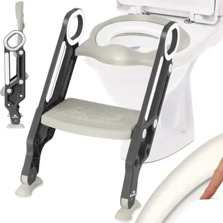 KIDIZ® Kinder Toilettensitz Toilettentrainer mit Treppe und Griffe Faltbar Kindertoilette WC Sitz Töpfchentrainer Lerntöpfchen bequemem Kissen und breiten Stufen Toilettentreppe höhenverstellbar - Grau