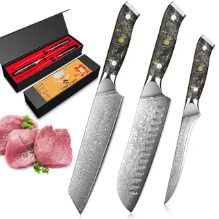 Home Safety Damast Santoku Messerset 3STK - Damast Küchenmesser Set mit 14.5-18 cm Klinge aus Kiritsuke Kochmesser, Santokumesser und Filetiermesser - 67 Lagen VG-10 Damaststahl