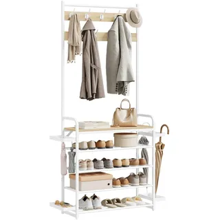 WOLTU Kleiderständer mit Schuhregal, 9 Doppelhaken, Seitenablageschalen | Garderobenständer für Flur Schlafzimmer, 80x190x30 cm, Helle Eiche + Weiß