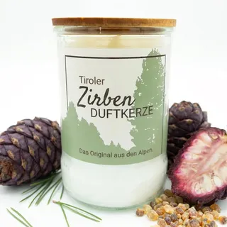Tiroler Zirbenkissen Zirbenkerze im Glas [Handgemacht in Tirol] – Echter Zirbenduft: warm & harzig – Aromakerze mit Zirbenholz-Deckel – 70h Brenndauer – Duftkerze Geschenk
