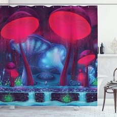 ABAKUHAUS Pilze Duschvorhang, Pilze Leuchtende Farben, Stoffliches Gewebe Badezimmerdekorationsset mit Haken, 175 x 180 cm, Blau Rot
