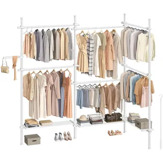 SONGMICS Teleskopstange Kleiderständer, 3-stufige Garderobe, höhen- und breitenverstellbar, offener Kleiderschrank mit 6 Kleiderstangen und 3 abnehmbaren Ablagen, Greifarm, mattweiß HSR155W01