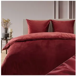 Blumtal Bettwäsche 135x200 - 80x80cm Cashmere-Touch Plüsch in Dunkelrot + Dunkelrot