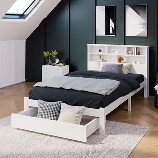 MODFU Klassische Betten 90 x 200 cm Holzbett Einzelbet mit großer Schublade und Bücherregal Kopfteil(ohne Matratze), Weiß - Weiß