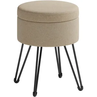Songmics Sitzhocker, runder Hocker mit Stauraum, Aufbewahrungsbox mit Deckel, Schminkhocker, 39 x 44,1 cm (Ø x H), Metallbeine, gepolsterter Sitz, Wohnzimmer, Schlafzimmer, Kamelbraun LOM002K01