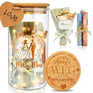 Hochzeitsgeschenke für Brautpaar,LED Flaschenlicht Hochzeit Geldgeschenk mit Trockenblumen,Anhänger und LED-Leuchten,Just Married Spardose,Hochzeitsgeschenk Geld (Hochzeit 3)