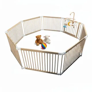 Relaxdays Laufstall Baby, Flexibles Laufgitter mit Tür, Natur | 8 Panel HxB: 61 x 84,5 cm, sichere Spielecke, Kiefernholz