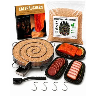 Räucherschnecke/Kaltrauchgenerator, 1,2 Kg Räuchermehl,Buchenspäne Räuchern | Räucherspirale/Sparbrand für Räucherofen. Räucherspäne 0,5-1 mm, 4 Haken + Bürste. Bis zu 8-10 Std. Kalträuchern. PDF-Guide
