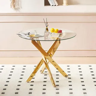 Modfu Esstisch aus Glas und Metall 80x80x75 cm Gold rund mit stabilem Kreuzgestell und pflegeleichter Oberfläche , Goldfarben , 80x75x80 cm , Esszimmer, Esstische