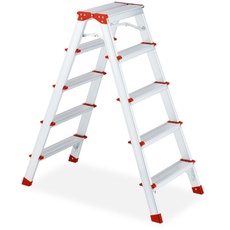 Relaxdays Trittleiter klappbar, 5 Stufen, Treppenleiter Aluminium, Leiter bis 120 kg, HBT: 99 x 45 x 77 cm, Silber/rot