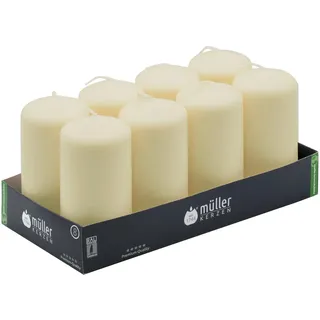 Müller Stumpenkerzen Creme, Elfenbein - Set mit 8 Blockkerzen - 57 x 120 mm - 32 Stunden Brenndauer - Ohne Duft - Kerzen für Haushalt, Feiern und Gastronomie