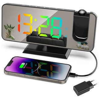 Exmate Projektionswecker, Digital Wecker mit Projektion, USB-Ladeanschluss, 7.5'' Dynamischer RGB-Spiegelbildschirm, Snooze Dual-Alarm, Einstellbare Helligkeit (Schwarz mit Adapter)