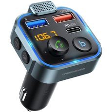 UNBREAKcable Bluetooth 5.0 FM Transmitter Auto Radio Adapter - 38W PD & QC3.0 Schnelles Autoladegerät, Blaue LED Backlit, Bass Verstärker, Freisprechfunktion, Siri und Google Assistant Unterstützung
