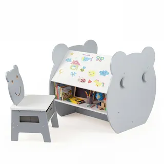 FANTASK 3 in 1 Kindertisch mit Stühle, Kinder Schreibtisch mit Stauraum & Haken, Kindersitzgruppe mit wendbarer Kreidetafel & Whiteboard, Aktivitätstisch für Kinder ab 3 Jahren (Grau)