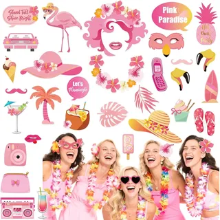 SUNBEAUTY 36 Stück Hawaii Foto Requisiten Rosa Flamingos Photo Booth Props für Sommer Party Dekoration Geburtstag Dekorationen Poolparty