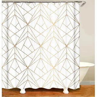 M&W DAS DESIGN Duschvorhang Gold Linie gelb Dreiecke Badezimmer Textil Vorhang Antischimmel Effekt waschbar Shower Curtain 12 C-Ringe Gewicht unten