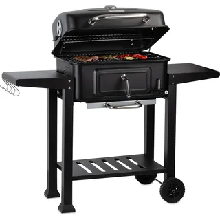 BBQ-Toro Holzkohle Grillwagen mit höhenverstellbarer Kohleschale, Holzkohlegrill mit Thermometer - Schwarz