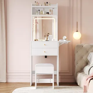 Sweiko Kleiner Schminktisch mit verstellbarer LED-Beleuchtung und  – inkl 1 Hocker, 2 Schubladen, zwei offenen Fächern und Stauraum mit 25cm klappbare Tischplatte  Farbe: Weiß  Maße (B×H×T) 75 ×156 ×45 cm - Weiß