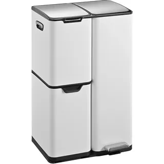 KITCHEN MOVE HAJA Mülleimer für die Küche, mit Tretschalter, Mülltrennung, Recycling, 60 l (13 + 17 + 30 l) aus Edelstahl, weiß, mit Eimer